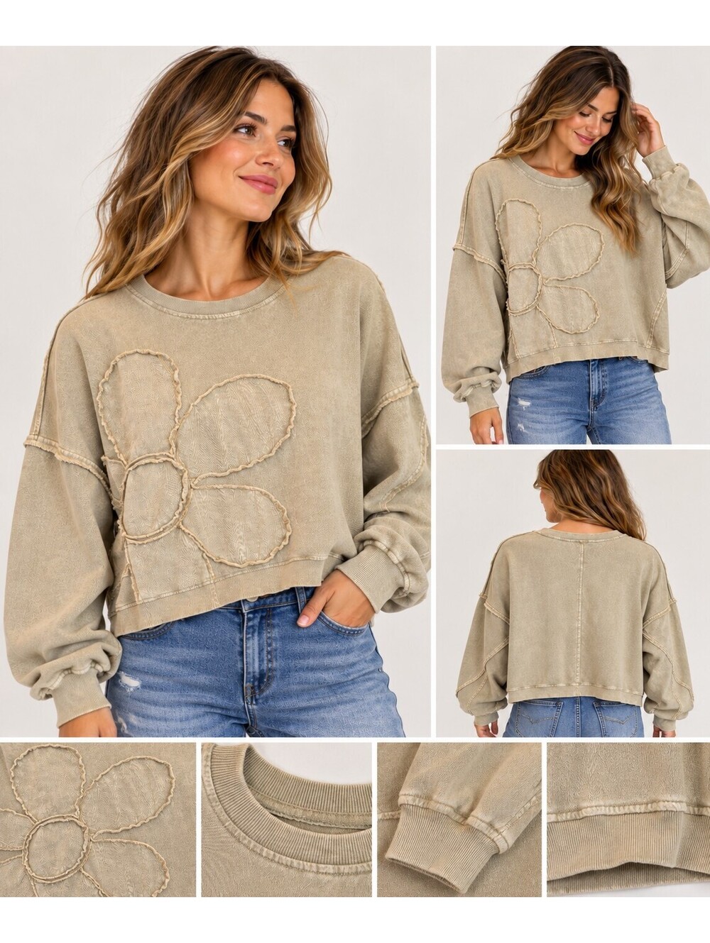 Easel Los Angeles Flower Patch Sweatshirt Stone Mineral Wash Boho S
